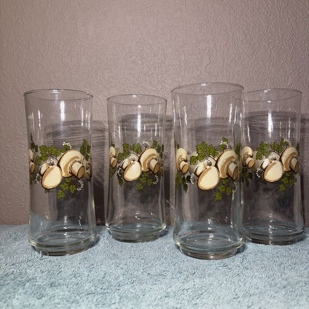 4 Vtg Cottage Core Mushroom Glasses Franco Juice Iced Tea Water 1970s Libbey